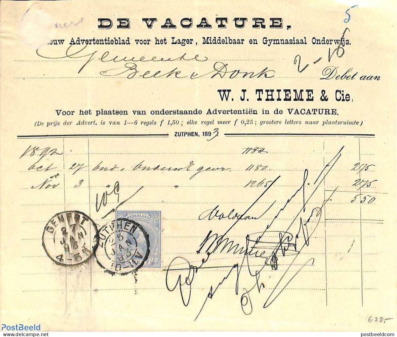 Netherlands 1893 Vacancy Advertisement. See Gemert And Zutphen Postmarks. Princess Wilhelmina (hangend Haar). , Postal.. - Cartas & Documentos