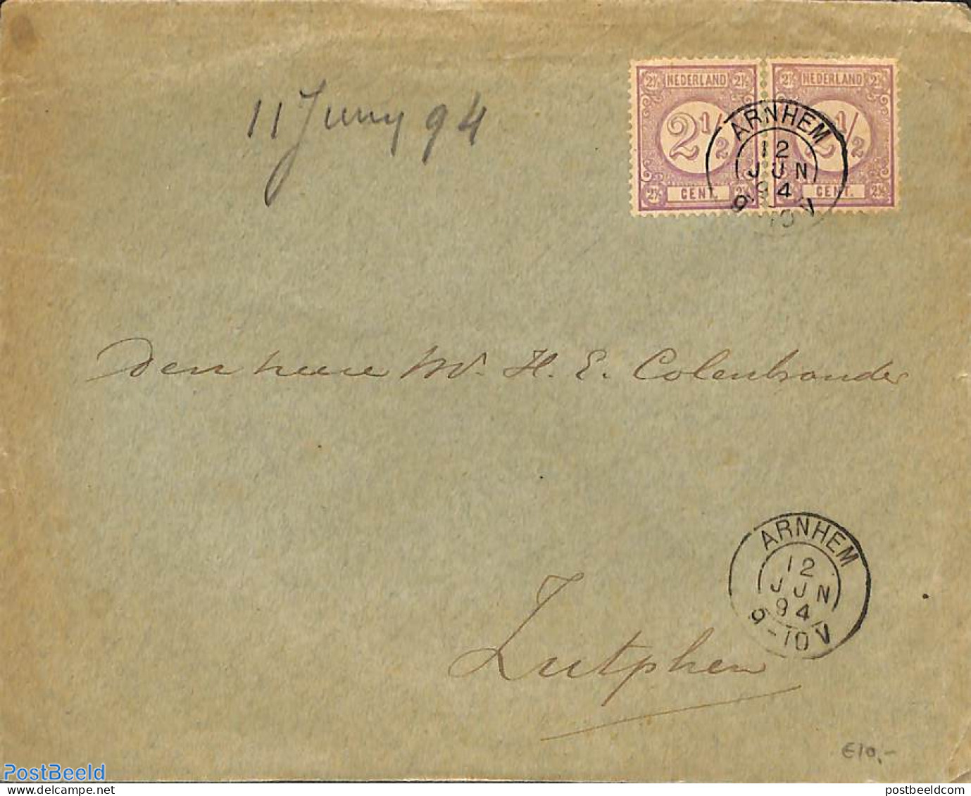 Netherlands 1894 Envelope From Arnhem (see Postmarks) To Zutphen. 2x Drukwerkzegels 2.5 Cent , Postal History - Cartas & Documentos