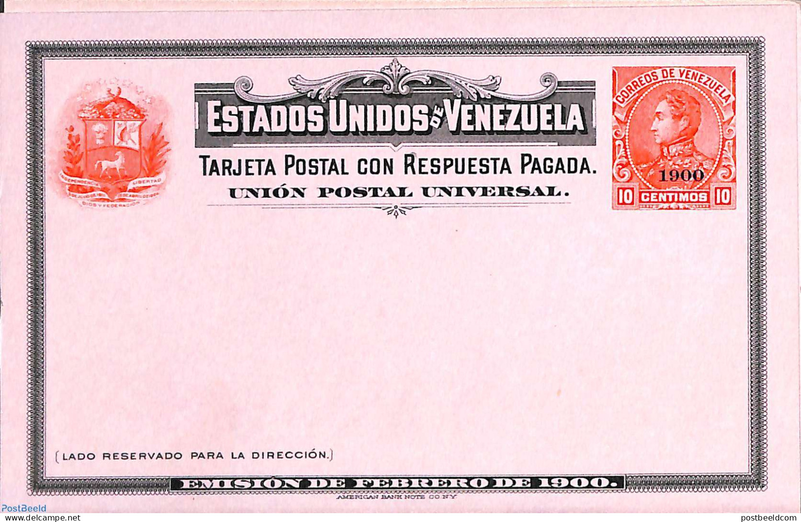 Venezuela 1900 Reply Paid Postcard 10/10c, Unused Postal Stationary - Venezuela