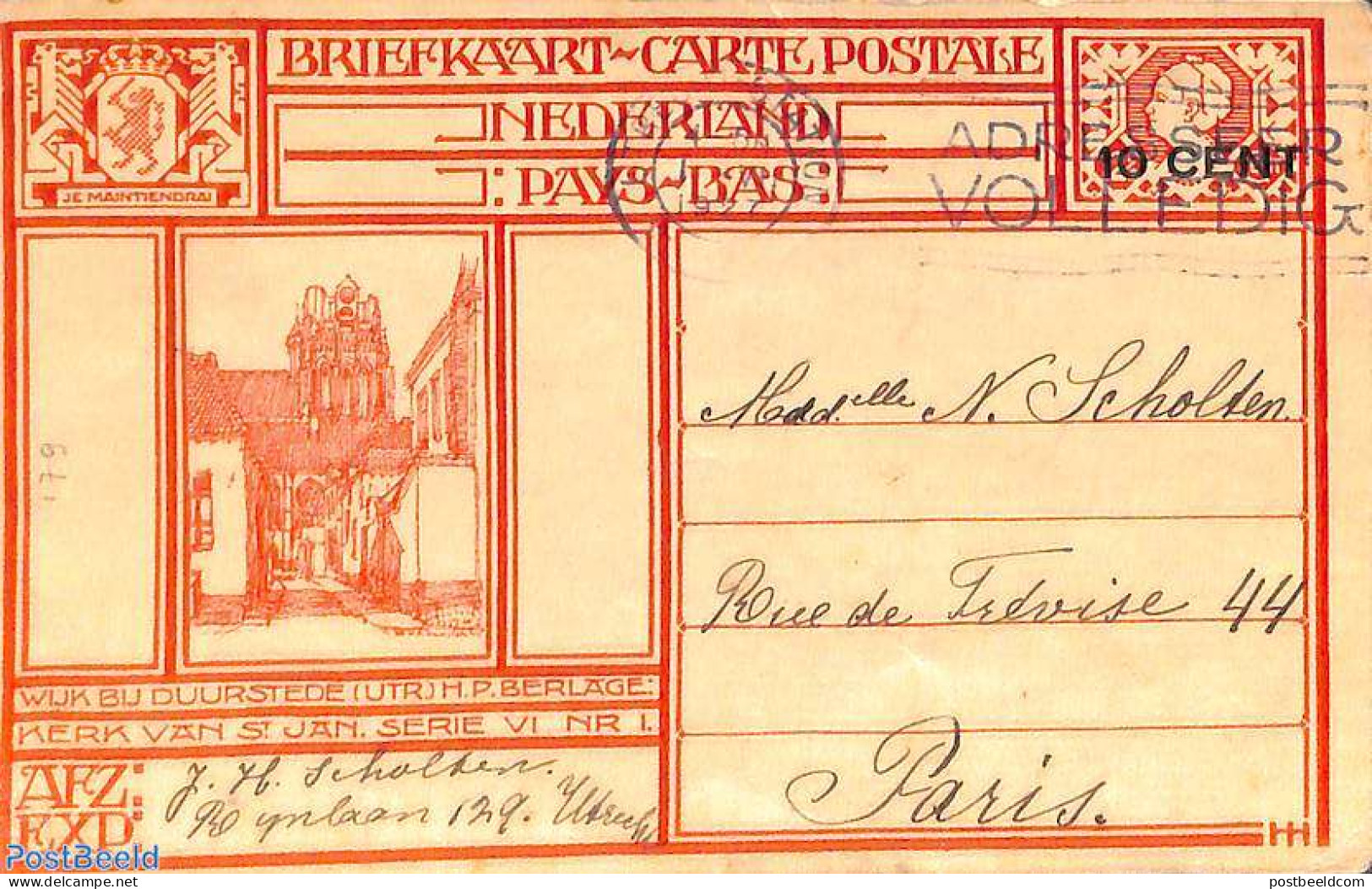 Netherlands 1927 Postcard 10 Cent On 12.5c, Wijk Bij Duurstede, Sent To France, Used Postal Stationary - Briefe U. Dokumente