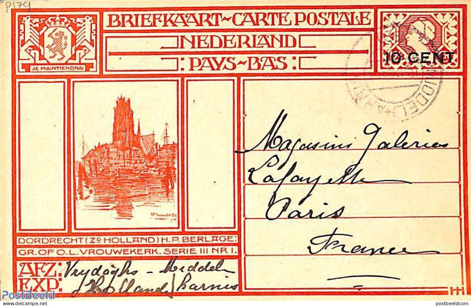 Netherlands 1929 Postcard 10 Cent On 12.5c, Dordrecht, Sent To Paris, Used Postal Stationary - Briefe U. Dokumente