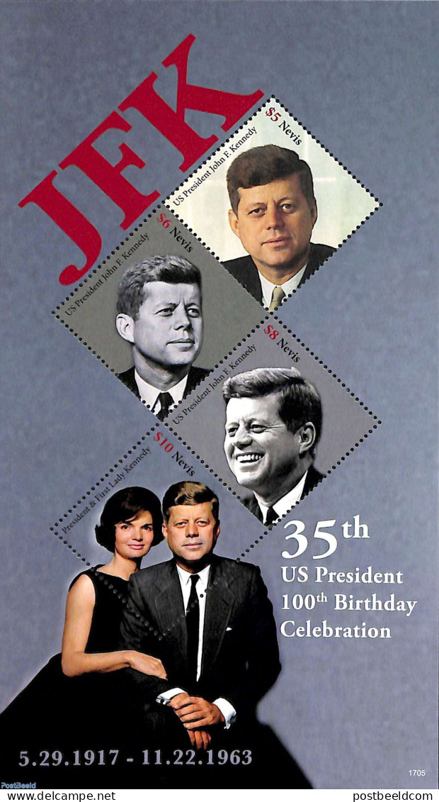 Nevis 2017 J.F. Kennedy 4v M/s, Mint NH, History - American Presidents - Politicians - St.Kitts-et-Nevis ( 1983-...)