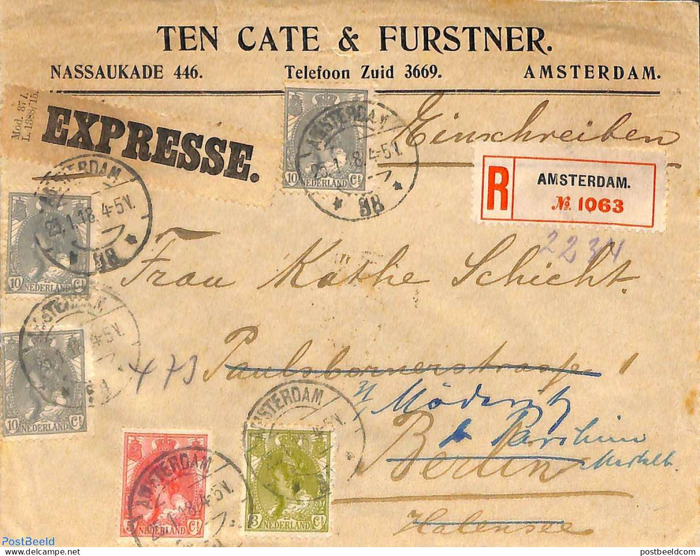 Netherlands 1918 Registered Expresse Mail To Berlin, Forwarded, Postal History - Lettres & Documents