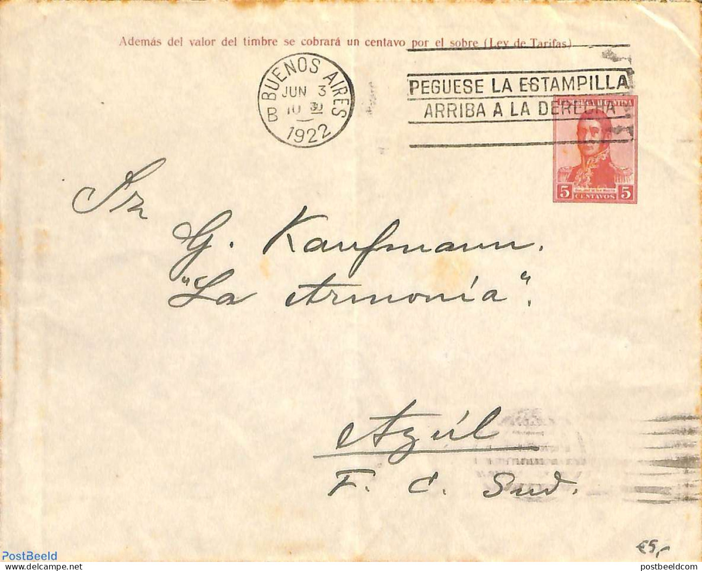 Argentina 1922 Envelope 5c , Used Postal Stationary - Briefe U. Dokumente