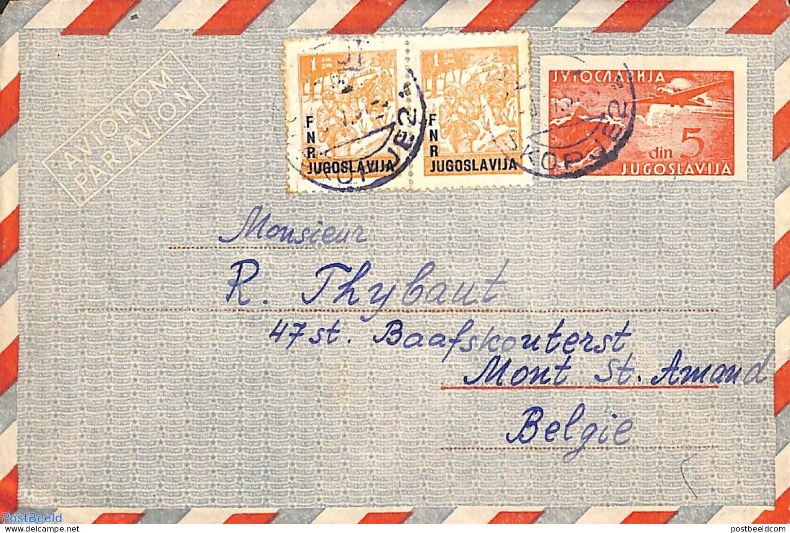 Yugoslavia 1951 Aerogramme , Uprated To Belgium, Used Postal Stationary, Aircraft & Aviation - Lettres & Documents