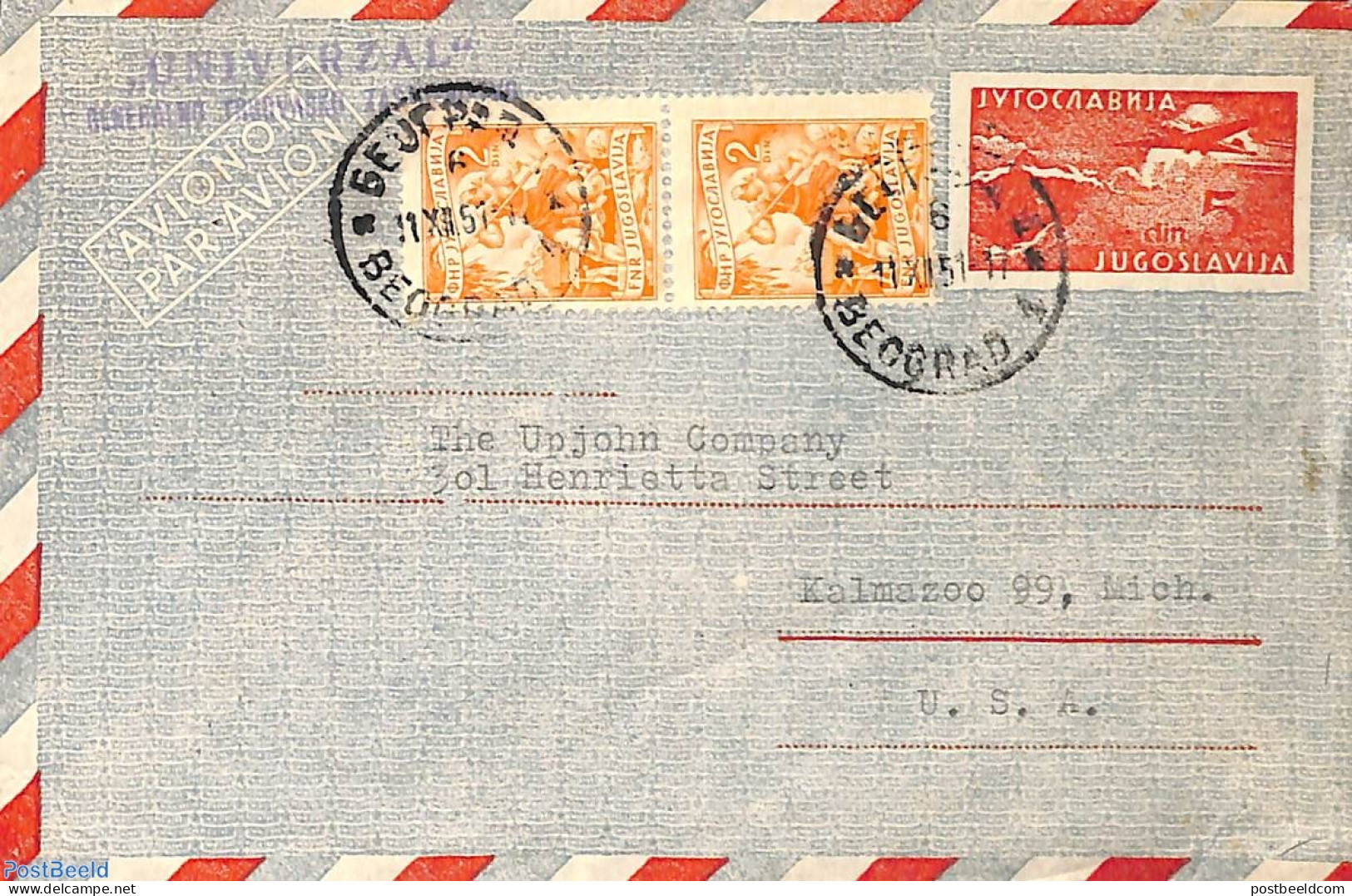 Yugoslavia 1951 Aerogramme, Uprated To USA, Used Postal Stationary - Briefe U. Dokumente