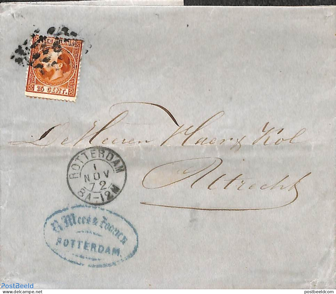 Netherlands 1872 Letter From Rotterdam To Utrecht, Postal History - Lettres & Documents