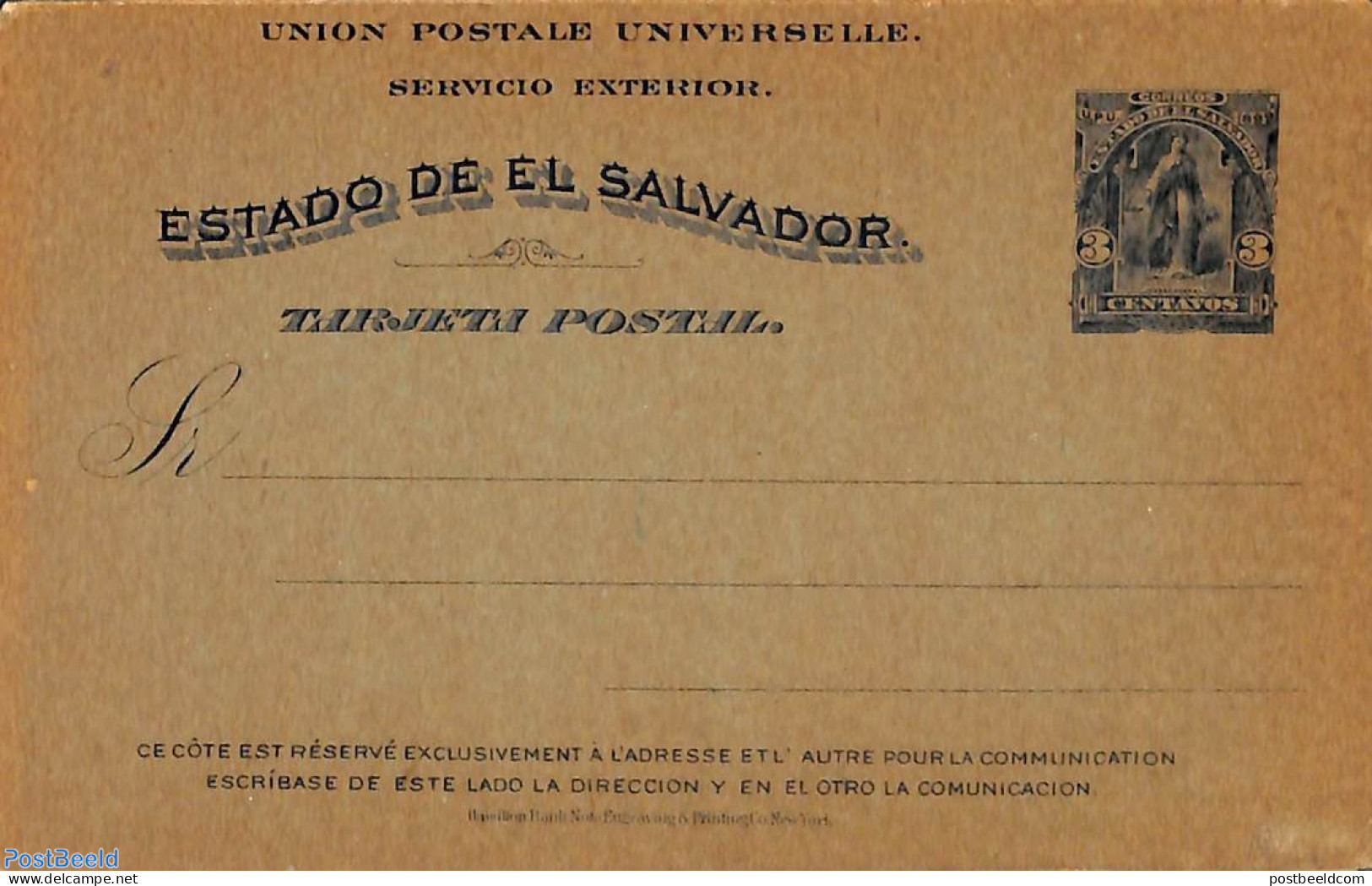 El Salvador 1899 Postcard 3c, Unused Postal Stationary - El Salvador