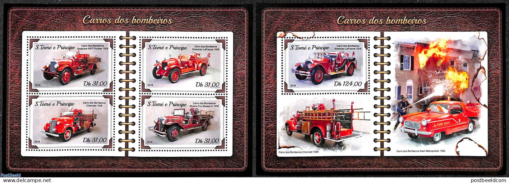 Sao Tome/Principe 2018 Fire Engines 2 S/s, Mint NH, Transport - Automobiles - Fire Fighters & Prevention - Cars