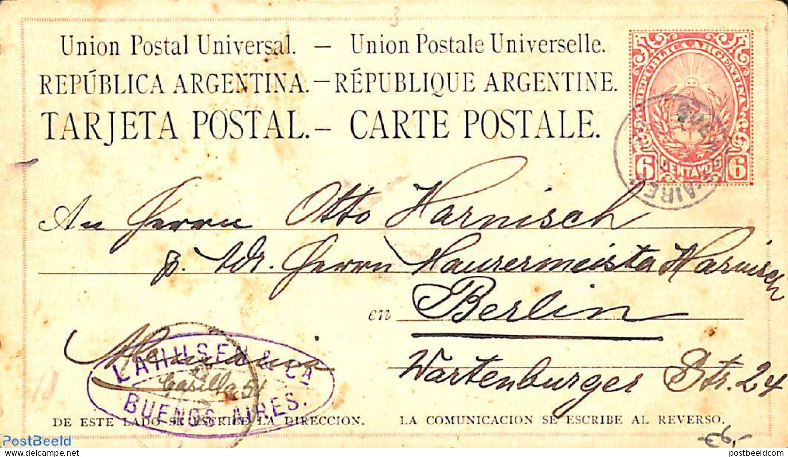 Argentina 1886 Postcard 6c To Berlin, Used Postal Stationary - Briefe U. Dokumente