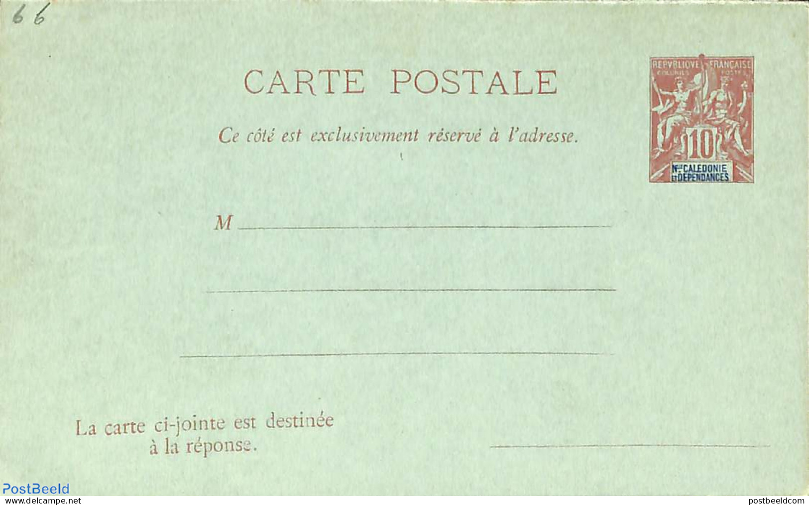 New Caledonia 1901 Reply Paid Postcard 10/10c, Unused Postal Stationary - Covers & Documents