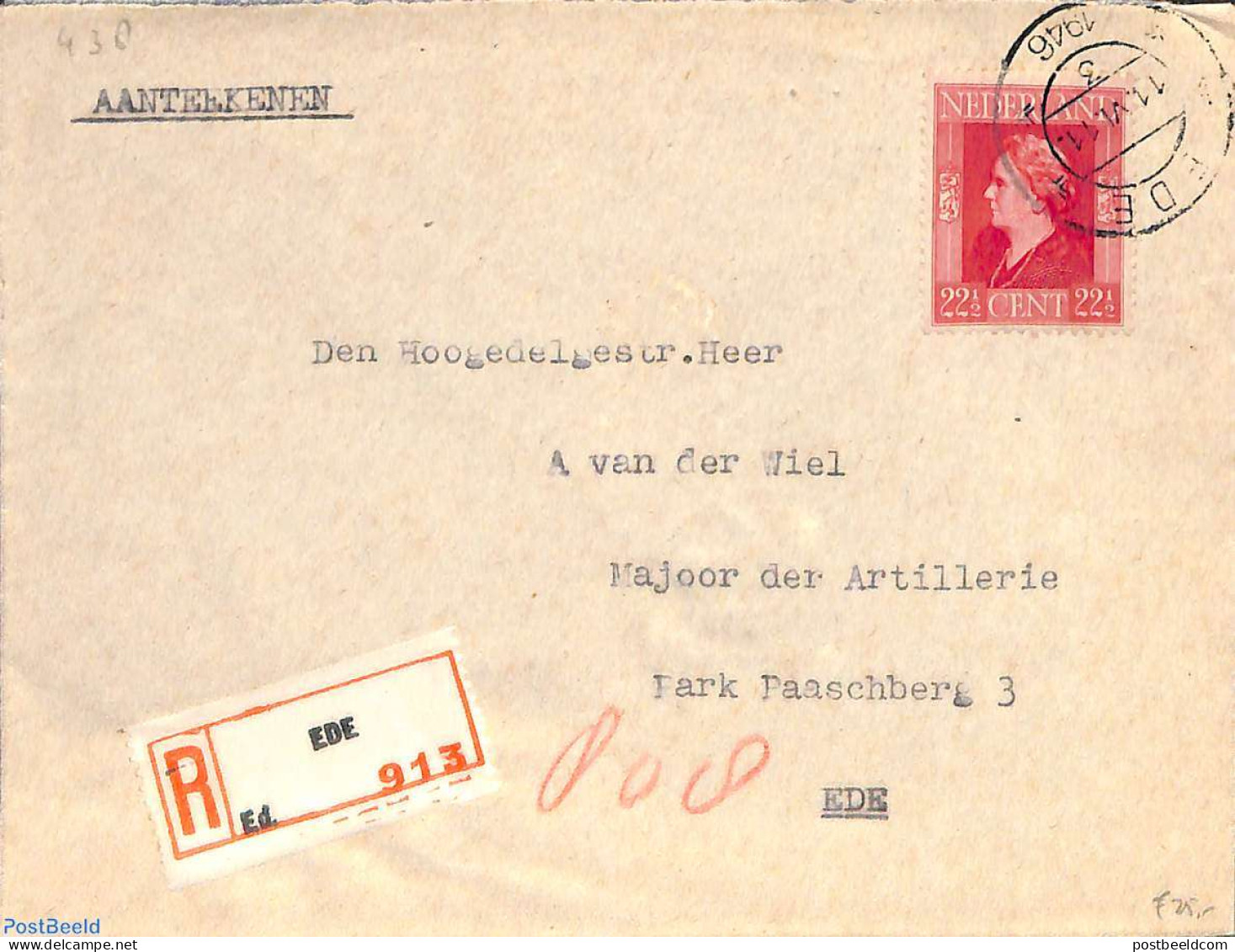 Netherlands 1946 NVPH No. 438 On Registered Letter Within Ede, Postal History - Lettres & Documents