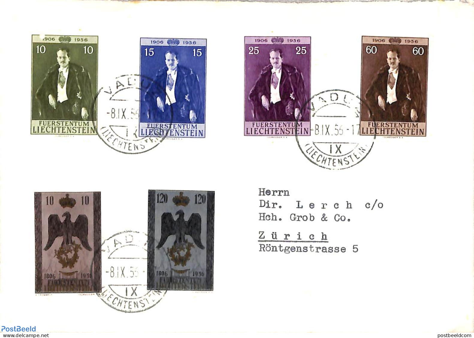 Liechtenstein 1956 Letter To Zürich With Sets, Postal History, Kings & Queens (Royalty) - Briefe U. Dokumente