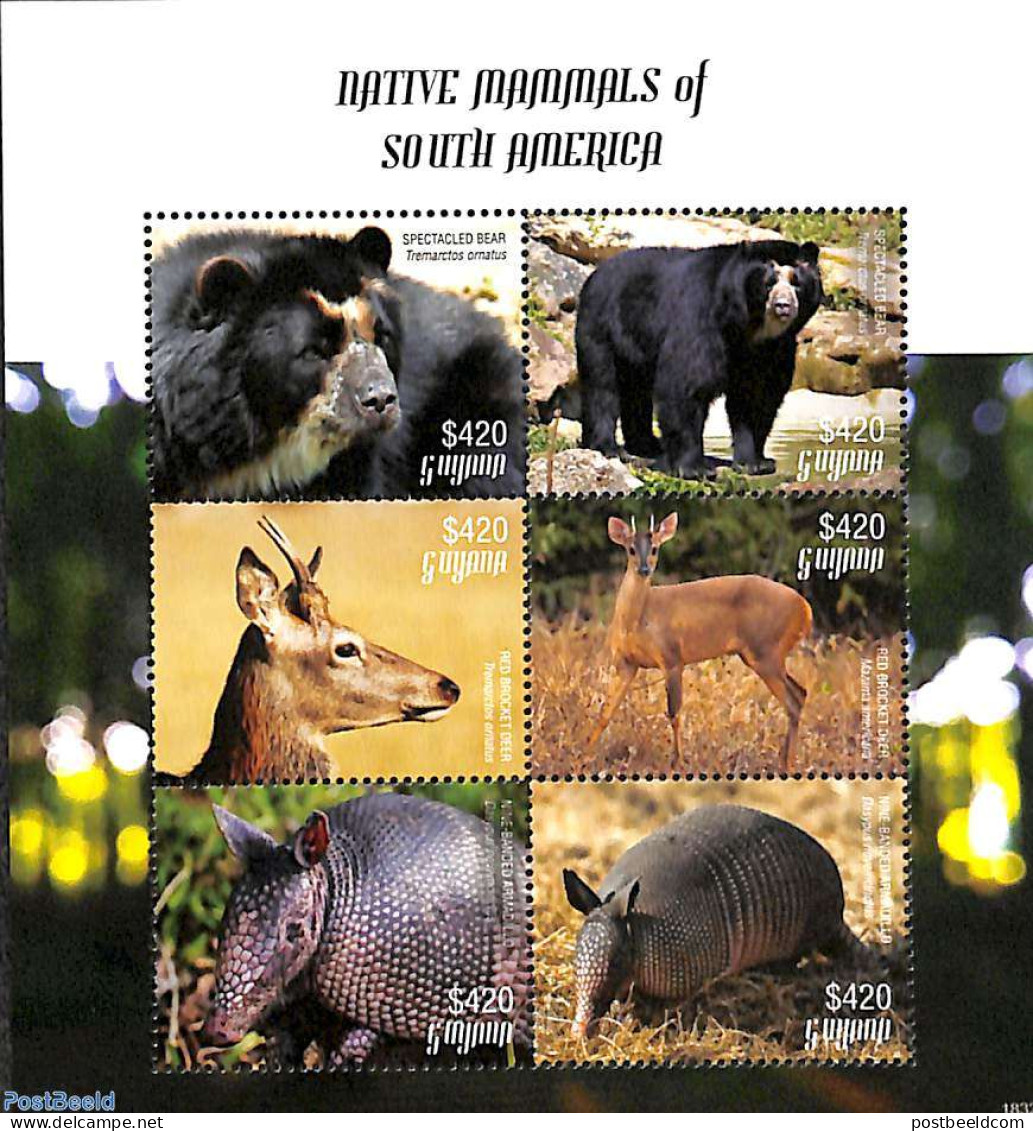 Guyana 2018 Mammals Of South America 6v M/s, Mint NH, Nature - Animals (others & Mixed) - Bears - Deer - Wild Mammals - Guyana (1966-...)