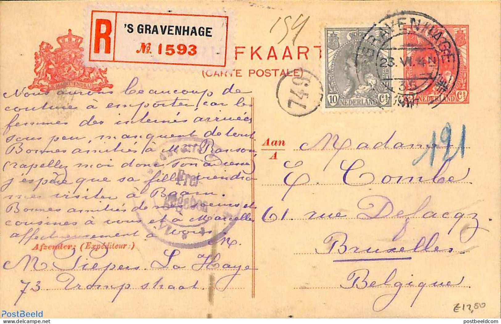 Netherlands 1917 Postcard 5c, Uprated To Registered Mail To Brussels, Postal History - Lettres & Documents