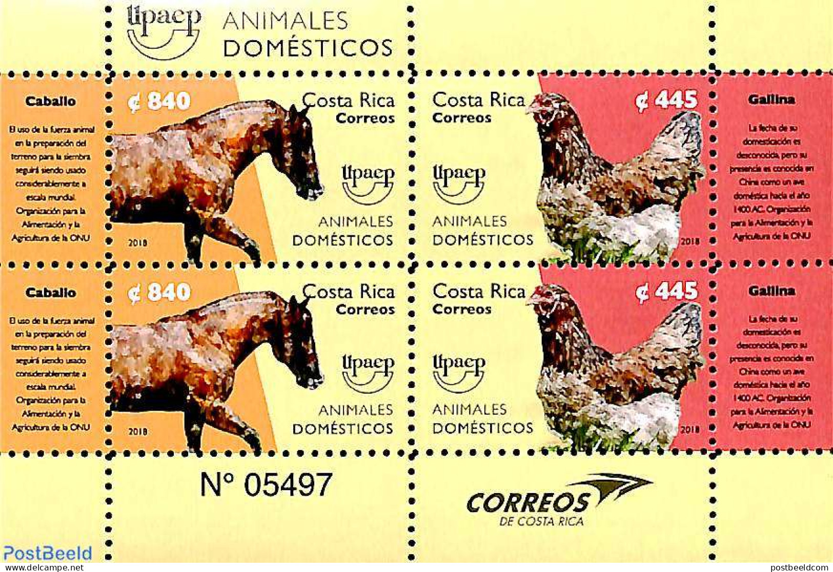 Costa Rica 2018 UPAEP, Horse, Chicken S/s, Mint NH, Nature - Horses - Poultry - U.P.A.E. - Costa Rica