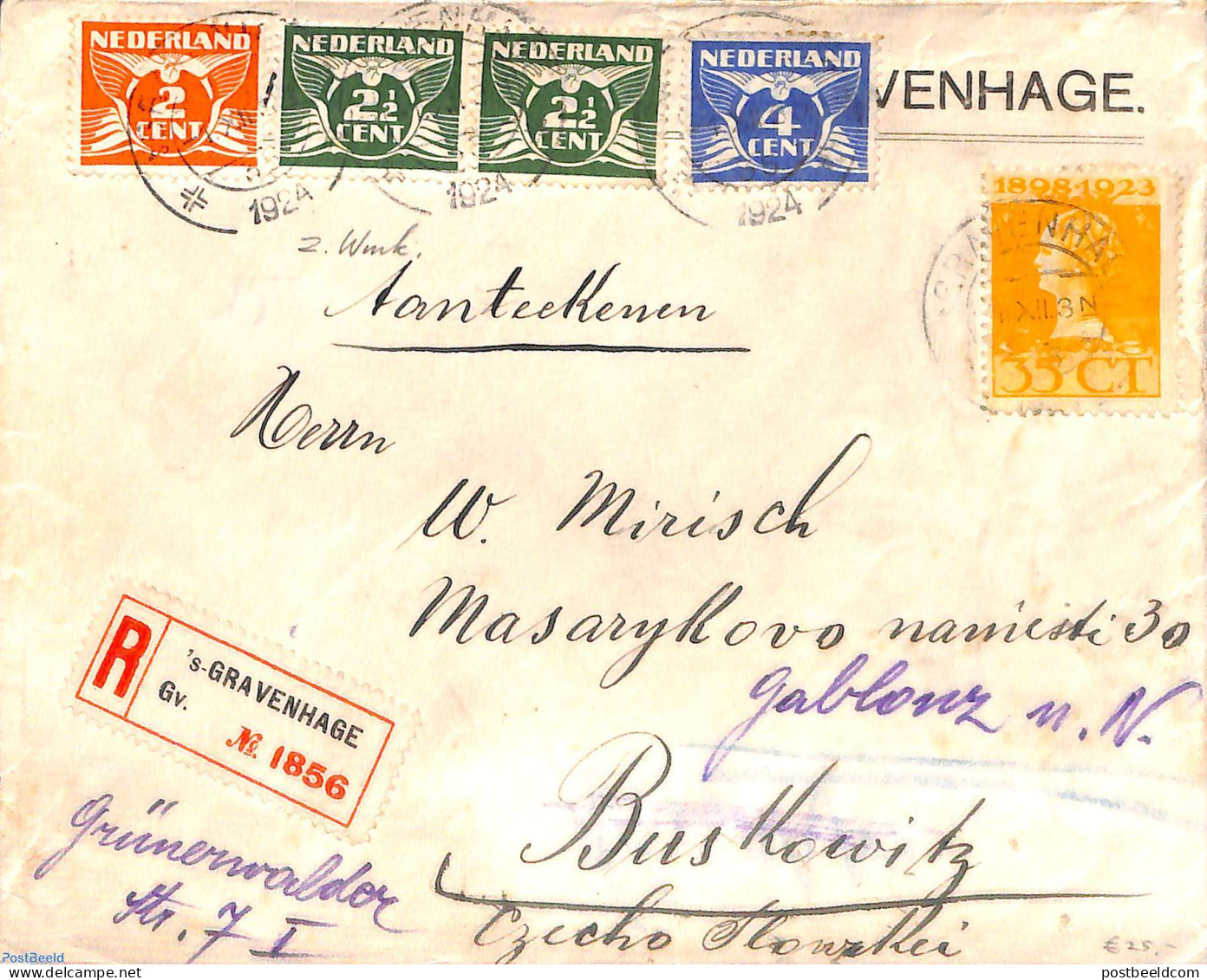 Netherlands 1924 REgistered Letter From 's-Gravenhage To Buskowitz, Postal History - Covers & Documents