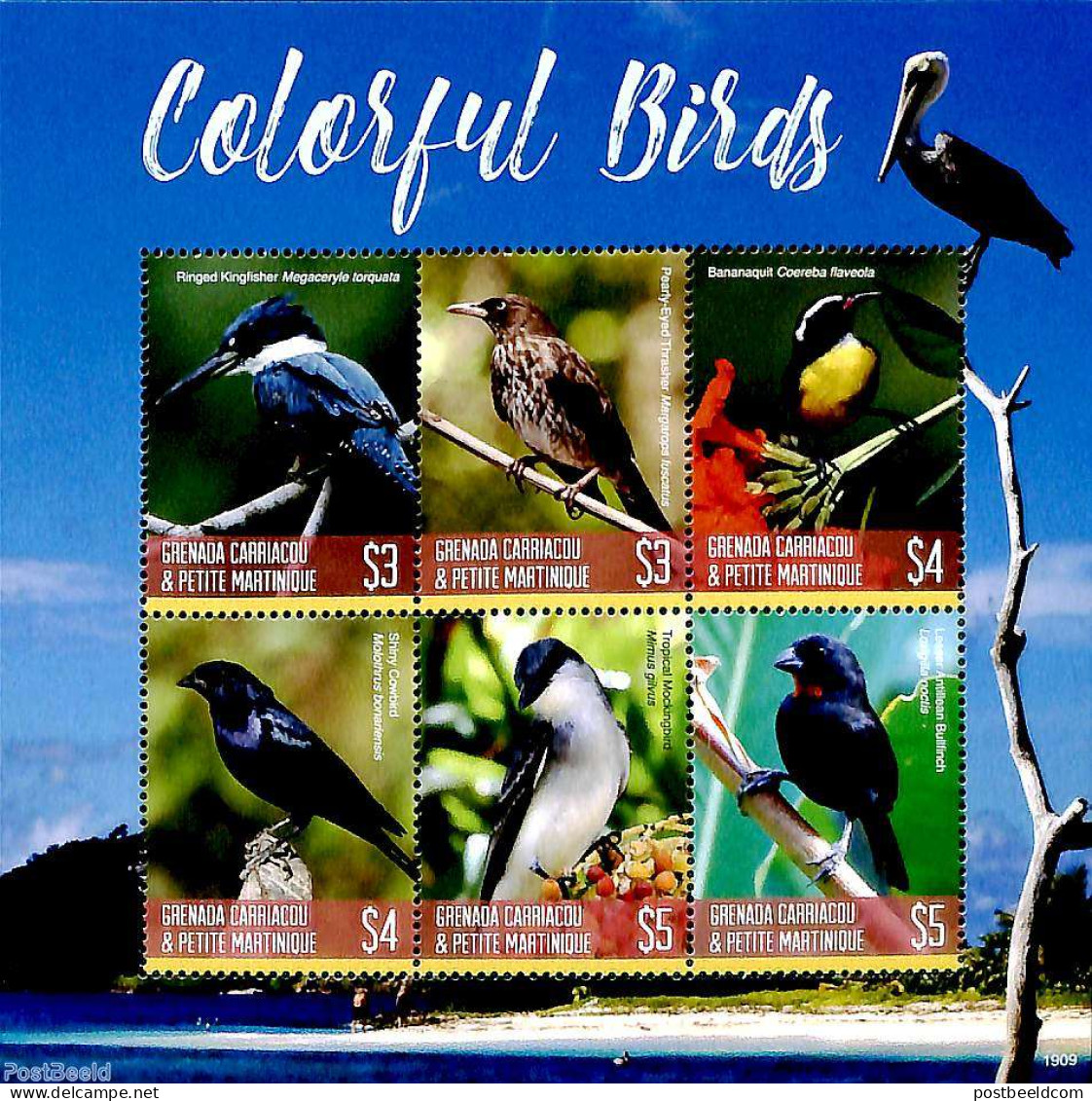 Grenada Grenadines 2019 Colorful Birds 6v M/s, Mint NH, Nature - Birds - Grenade (1974-...)