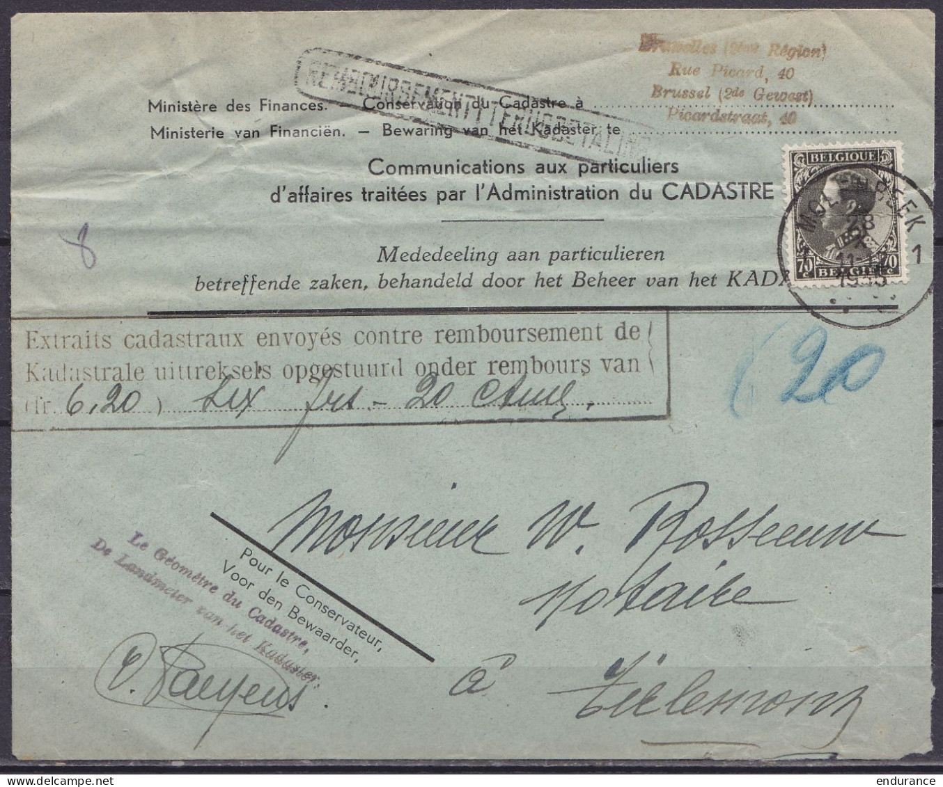 L. "Ministère Des Finances … Cadastre" Contre-remboursement Affr. N°401 Càd MOLENBEEK 1 /28 X 1935 Pour Notaire à TIRLEM - Lettres & Documents