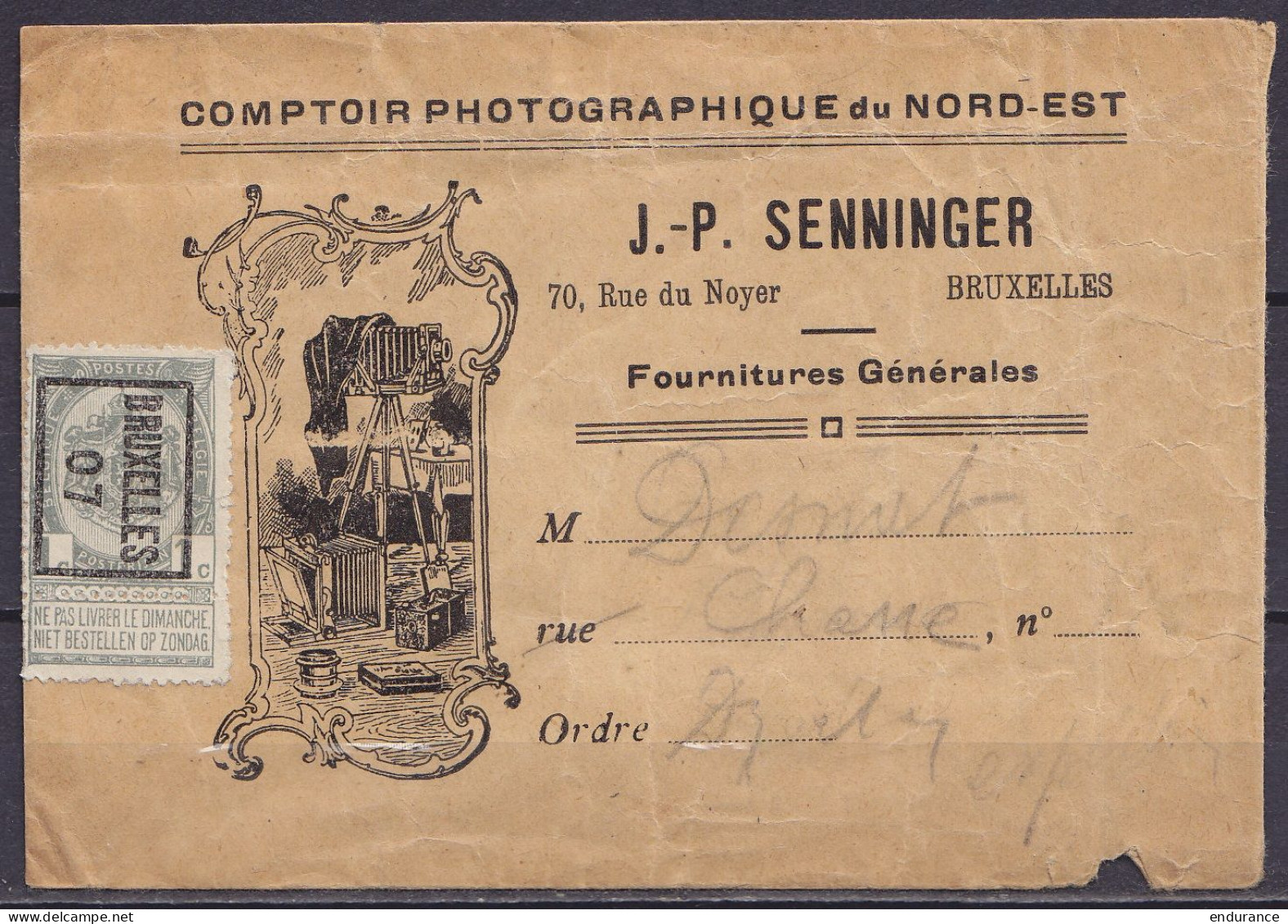 Env. Illustrée "Comptoir Photographique Du Nord-Est J-P Senninger" En Imprimés Affr. PREO [BRUXELLES / 07] (N°53) Pour E - Rolstempels 1900-09