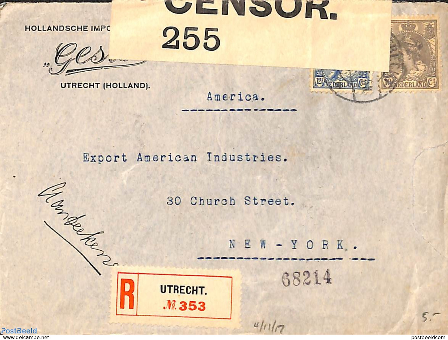 Netherlands 1917 Censored Letter From Utrecht To New York, Postal History, Censored Mail - Covers & Documents