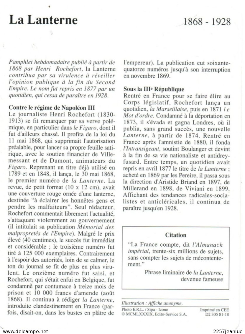 Fiches Illustrée  Affiche Du Journal Républicain Anti Clérical * La Lanterne  De 1868 à 1928 - Plakate