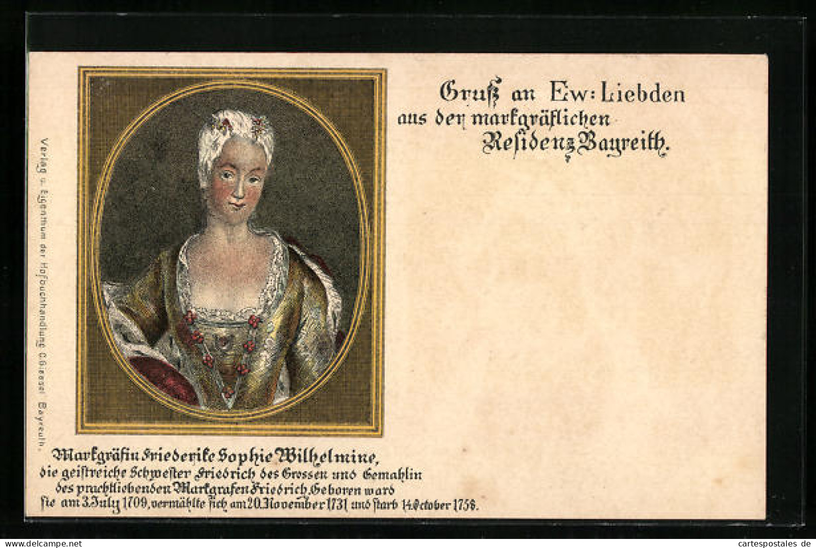 Lithographie Bayreuth, Portrait Markgräfin Friederike Sophie Wilhelmine, Gemälde  - Bayreuth