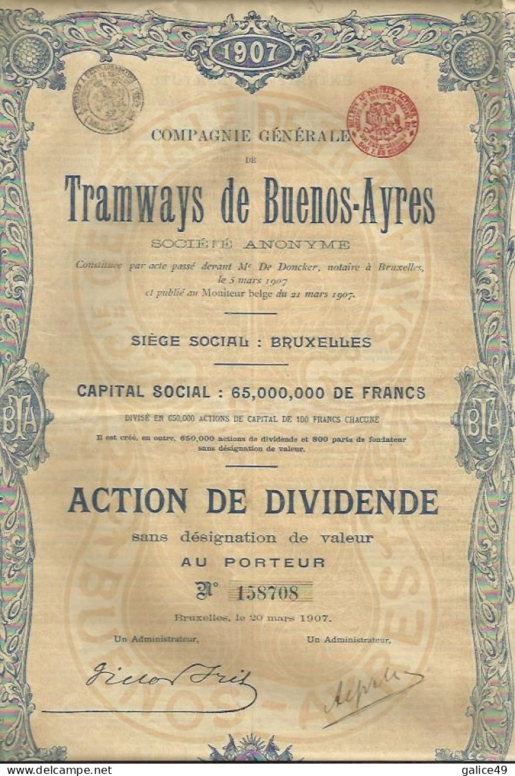 Action 16 - Tramways De Buenos Ayres - Sans Désignation De Valeur 1907 - Sonstige & Ohne Zuordnung