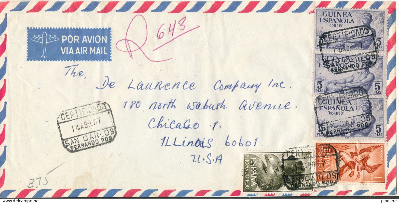 Spanish Guinea And Fernando Poo Stamps Registered Air Mail Cover Sent To USA San Carlos Fernando Poo 14-4-1967 - Guinée Espagnole