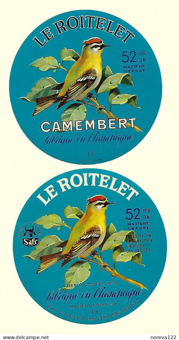 2 Etiqu. CAMEMBERT 51 B Le LE ROITELET/ 51 B SAFR FERMIERS REUNIS Le ROITELET - Fromage