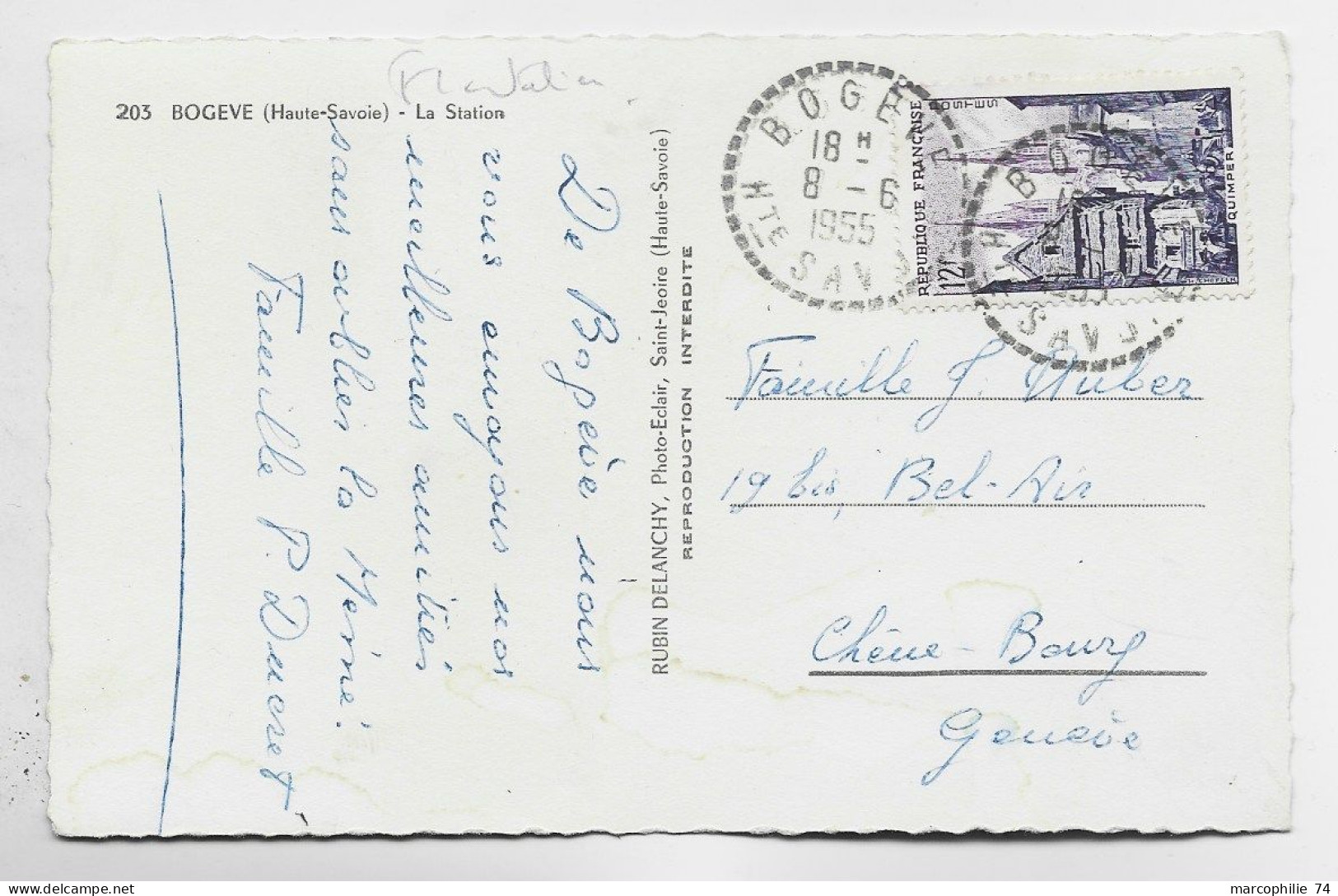 N° 979 SEUL CARTE C. PERLE BOGEVE 8.6.1955 HTE SAVOIE POUR CHENE BOURG GENEVE SUISSE TARIF FRONTALIER - 1921-1960: Période Moderne