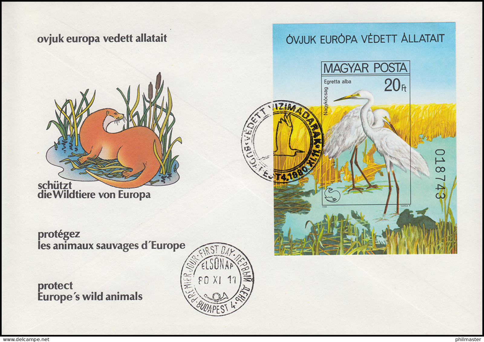 1980 Ungarn 3457 Block 146B Naturschutzjahr Silberreiher, Ungezähnt Auf FDC - Idées Européennes