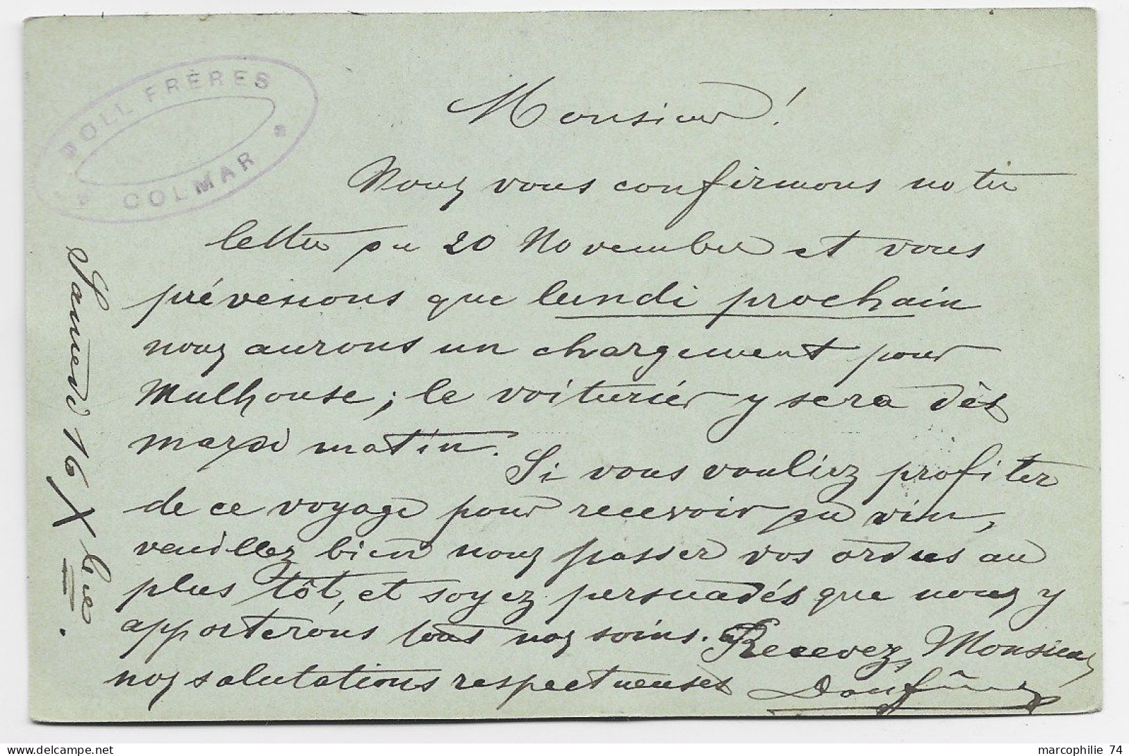 GERMANY ENTIER POSTKARTE 2C +3C COLMAR ELS 17.12.1905 POUR MULHOUSE - Lettres & Documents