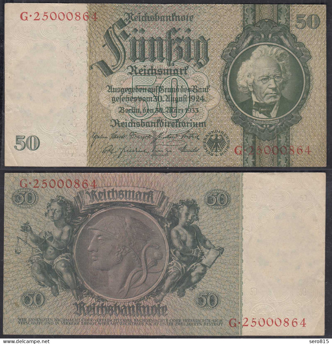 50 Reichsmark 1933 3. Reich Ro 175c Pick 182 VF+ (3+) Udr L - Serie G   (29243 - Andere & Zonder Classificatie