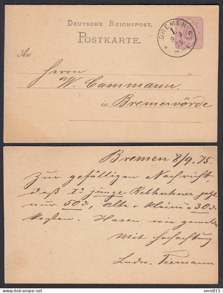 BREMEN Deutsches Reich 1875 5 Pfennige Postkarte Nach BREMERVÖRDE    (32208 - Other & Unclassified