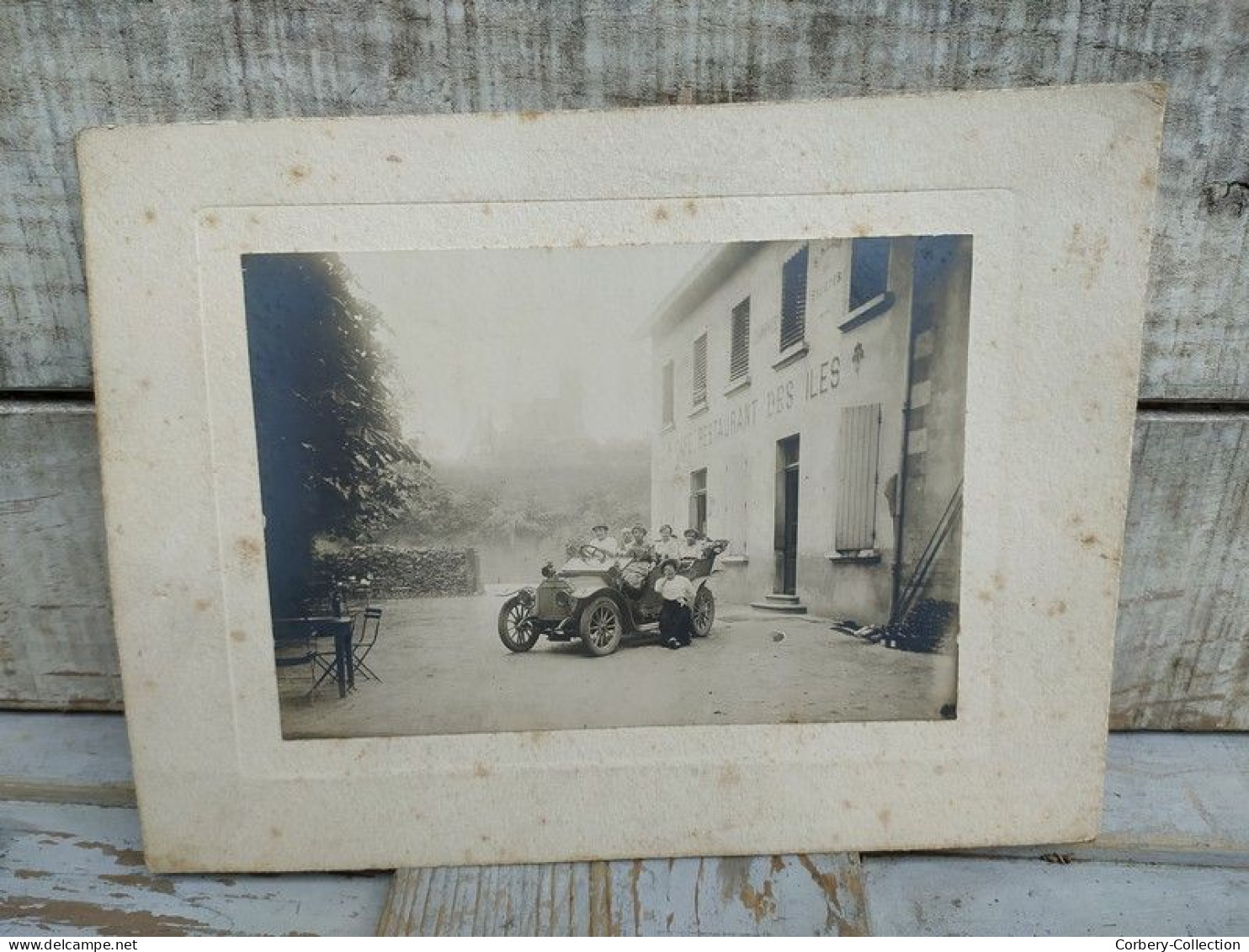 Photographie Ancienne Animée Café Restaurant Des Iles Albigny 1913 Automobile - Lieux
