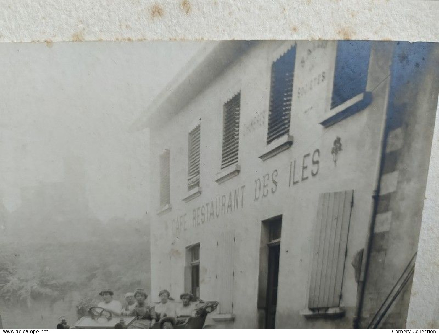 Photographie Ancienne Animée Café Restaurant Des Iles Albigny 1913 Automobile - Lieux