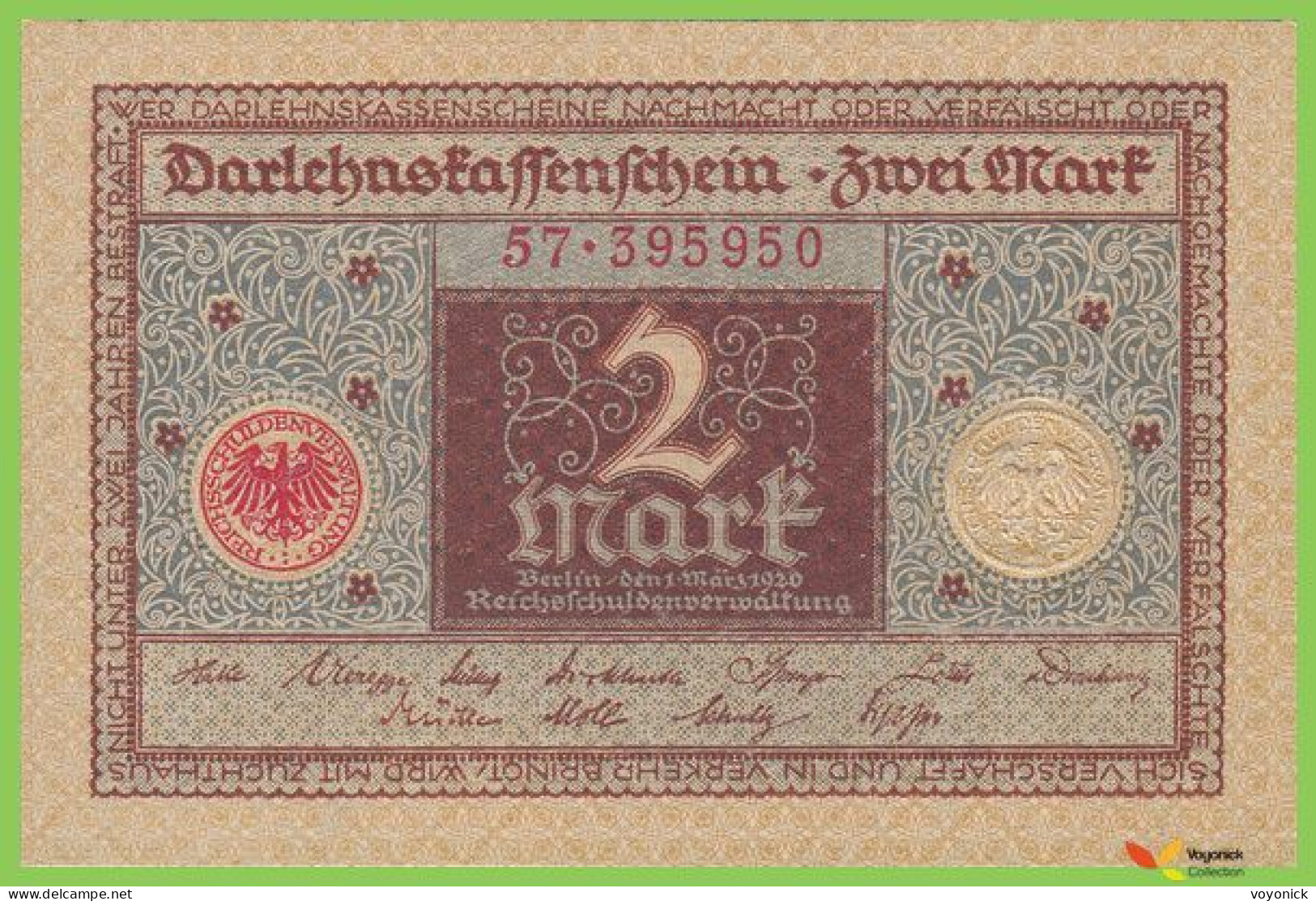 Voyo GERMANY 2 Mark 1920 P60 Ro65a 57 UNC - 5 Mio. Mark