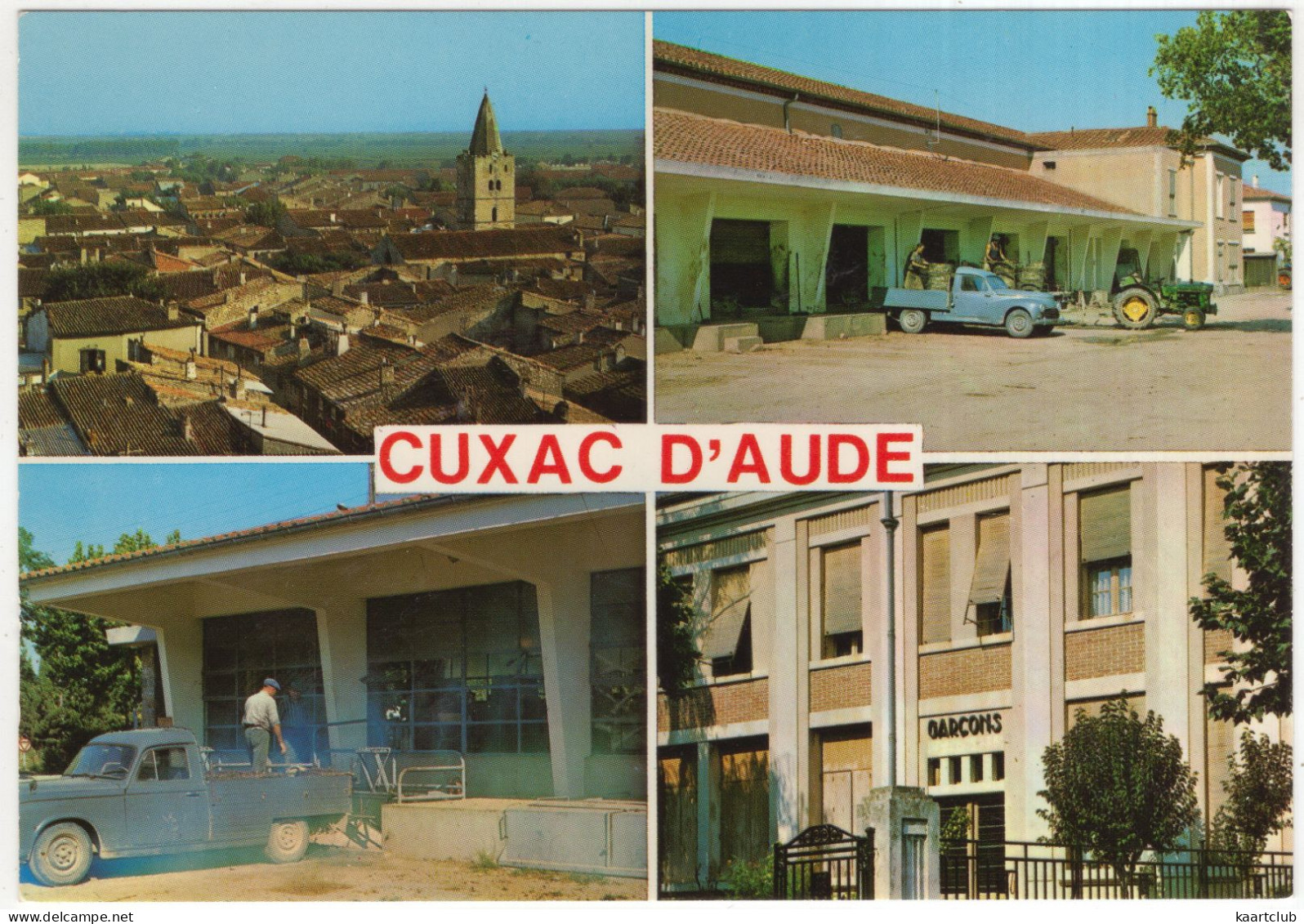 Cuxac D'Aude: PEUGEOT 203 PICKUP, TRACTEUR AGRICOLE - Vue Générale, Cave Coopérative, Les Ecoles - (France) - Voitures De Tourisme