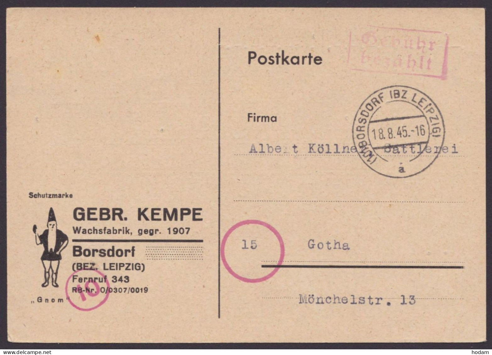 "Gebühr Bezahlt", Roter Ra, Bedarfskarte "Borsdorf, Bz. Leipzig", 18.8.45 - Covers & Documents