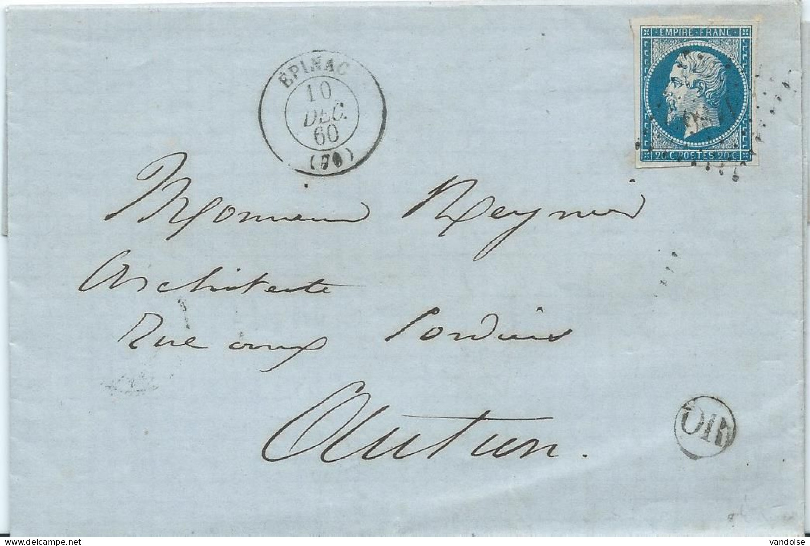 LETTRE 1860 AVEC CACHET EPINAC P.C. 1186 ET CACHET OR ( SAINT LEGER DU BOIS ) SAÖNE ET LOIRE - 1849-1876: Période Classique