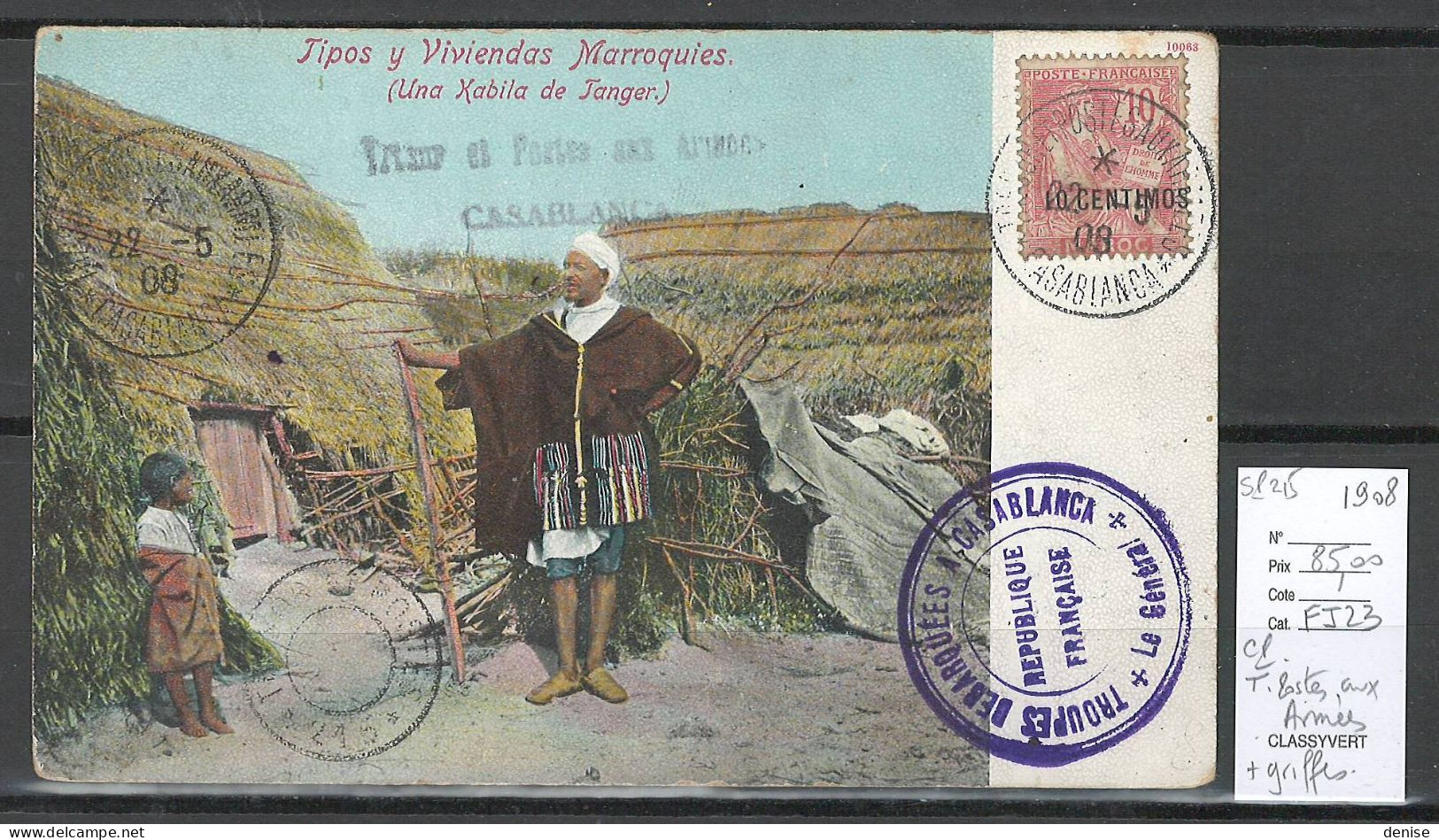 Maroc - CP FM - Postes Aux Armées  - CASABLANCA - 1908 -5 Cachets + 1 Griffe - Covers & Documents