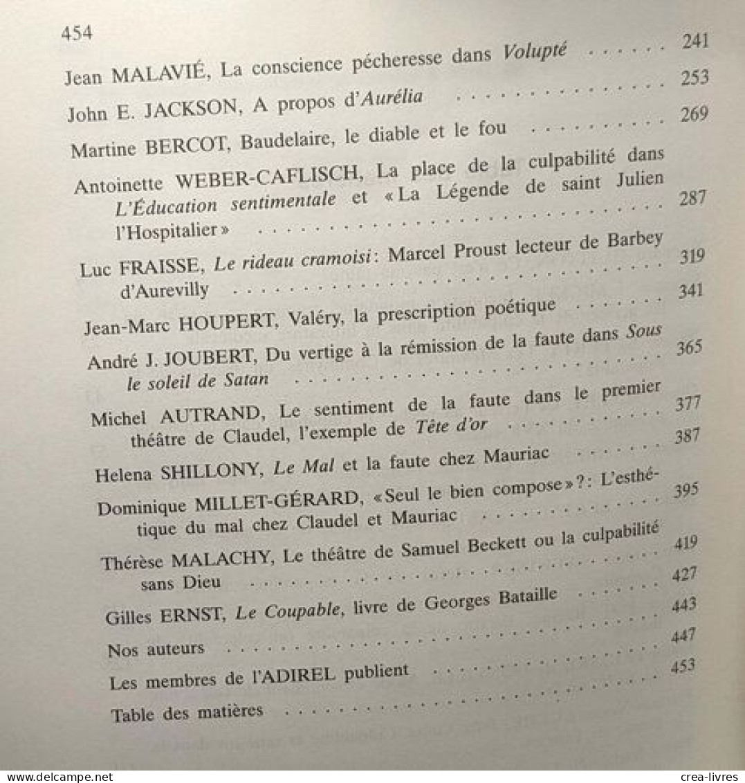 Travaux De Littérature Publiés Par L'ADIREL Avec Le Concours Du Centre National Du Livre. N°VIII : La Culpabilité Dans L - Autres & Non Classés