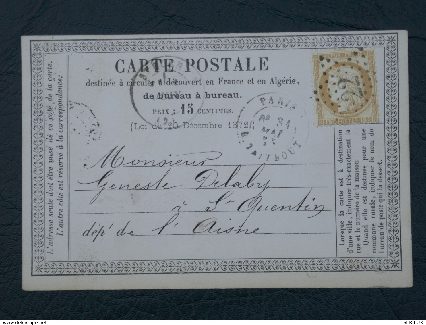 FRANCE BELLE CARTE  1867   ETOILE DE PARIS N°22  A ST QUENTIN   + AFF. INTERESSANT+DP9 - 1849-1876: Période Classique