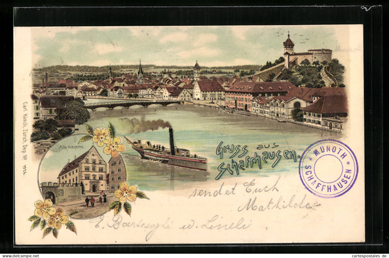 Lithographie Schaffhausen, Totalansicht, Alte Kaserne, Dampfer  - Sonstige & Ohne Zuordnung