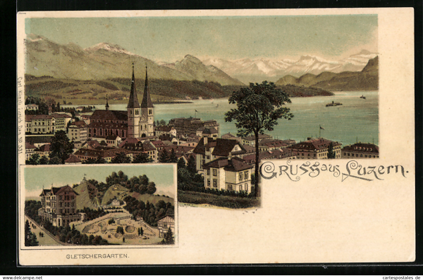 Lithographie Luzern, Gletschergarten, Panorama Mit See Und Gebirge  - Luzern