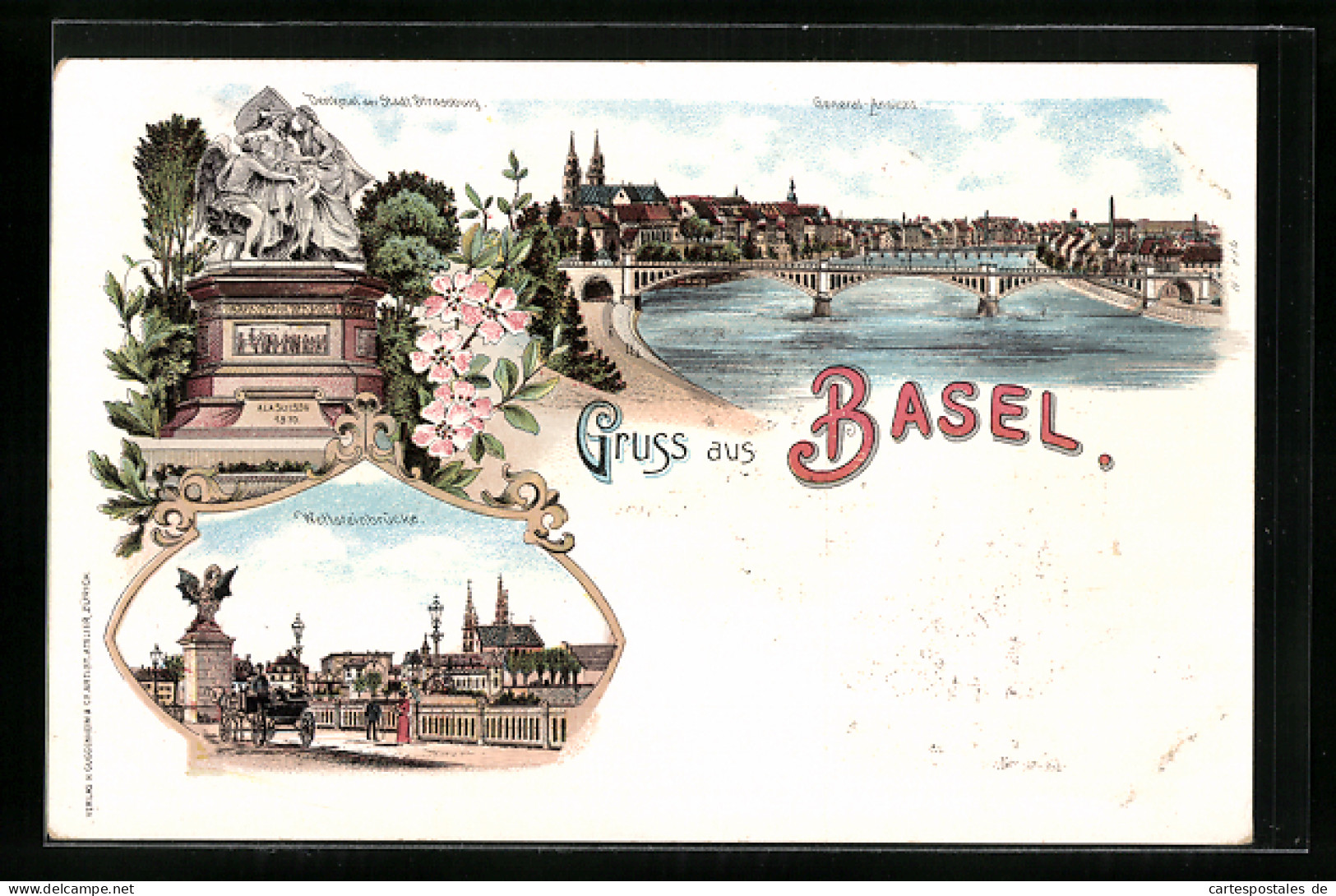 Lithographie Basel, Wettsteinbrücke, Denkmal Der Stadt Strassburg, General-Ansicht  - Bâle