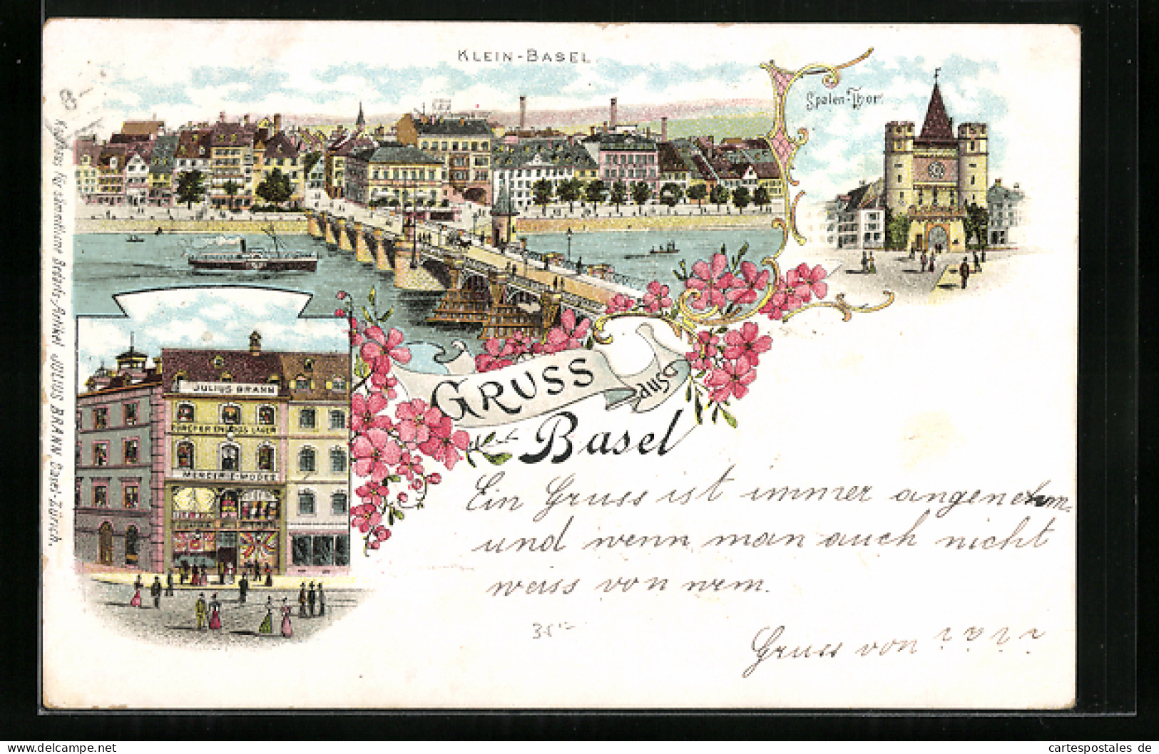 Lithographie Basel, Blick Auf Rheinbrücke Mit Klein-Basel, Spalen-Thor Und Kaufhaus Von Julius Brann  - Bâle