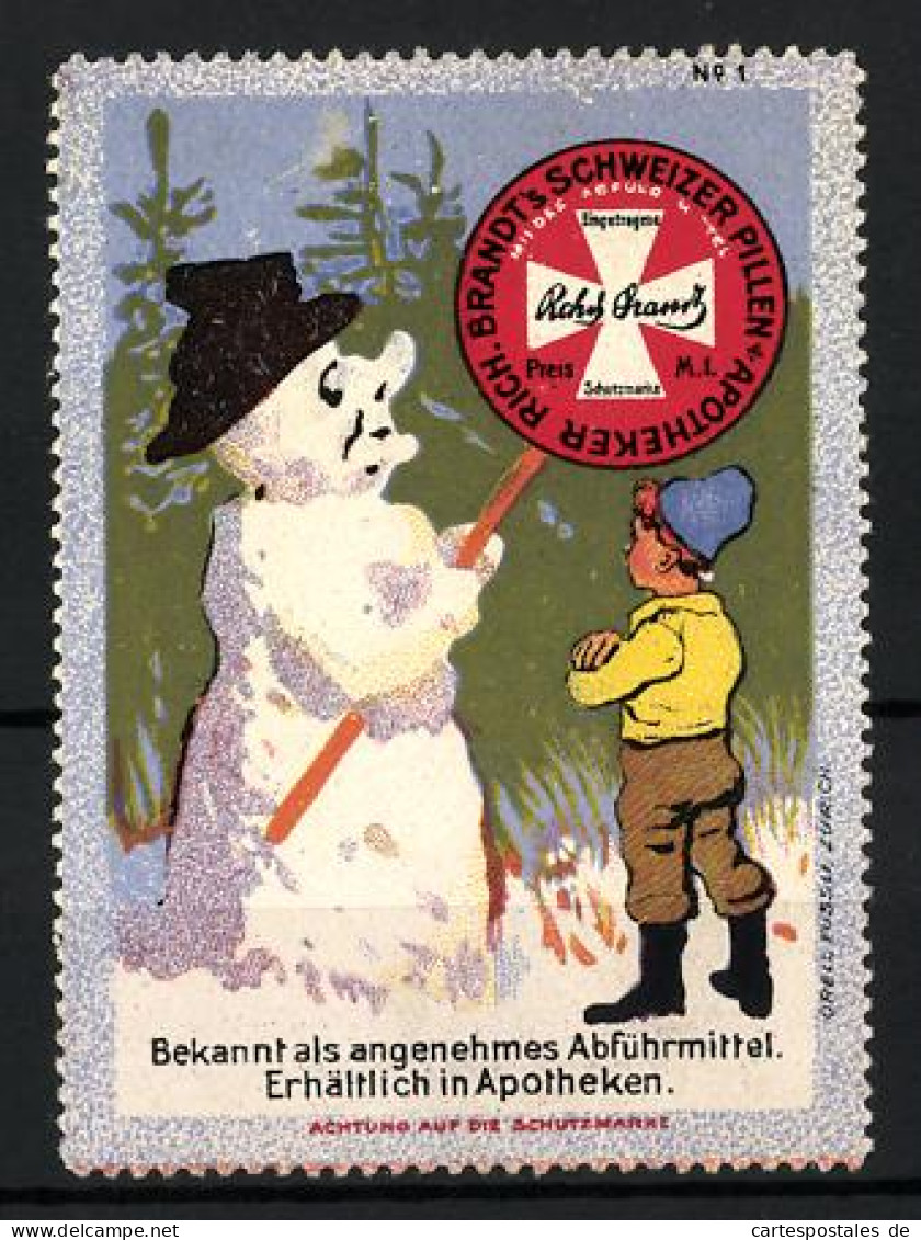 Reklamemarke Apotheker Rich. Brandt's Schweizer Pastillen, Angenehmes Abführmittel, Bube Steht Vor Einem Schneemann  - Erinnophilie