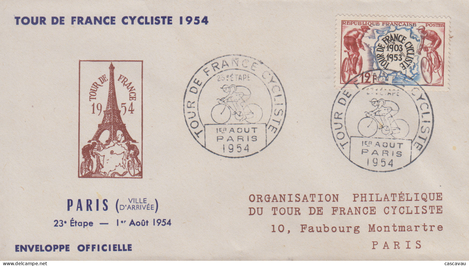 Enveloppe   FRANCE    TOUR  DE  FRANCE   CYCLISTE     23éme   Etape  :  PARIS   1954 - Cyclisme